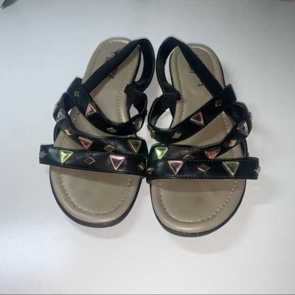Paradise Bay Sandals Women’s Size 8 US “Bling” Black Jewels Gold Strappy Vegan - Picture 2 of 11